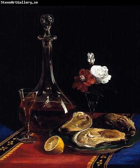 Adalbert John Volck still life by Adalbert John Volck, showing decanter of wine, oysters, small vase of flowers, slice of lemon